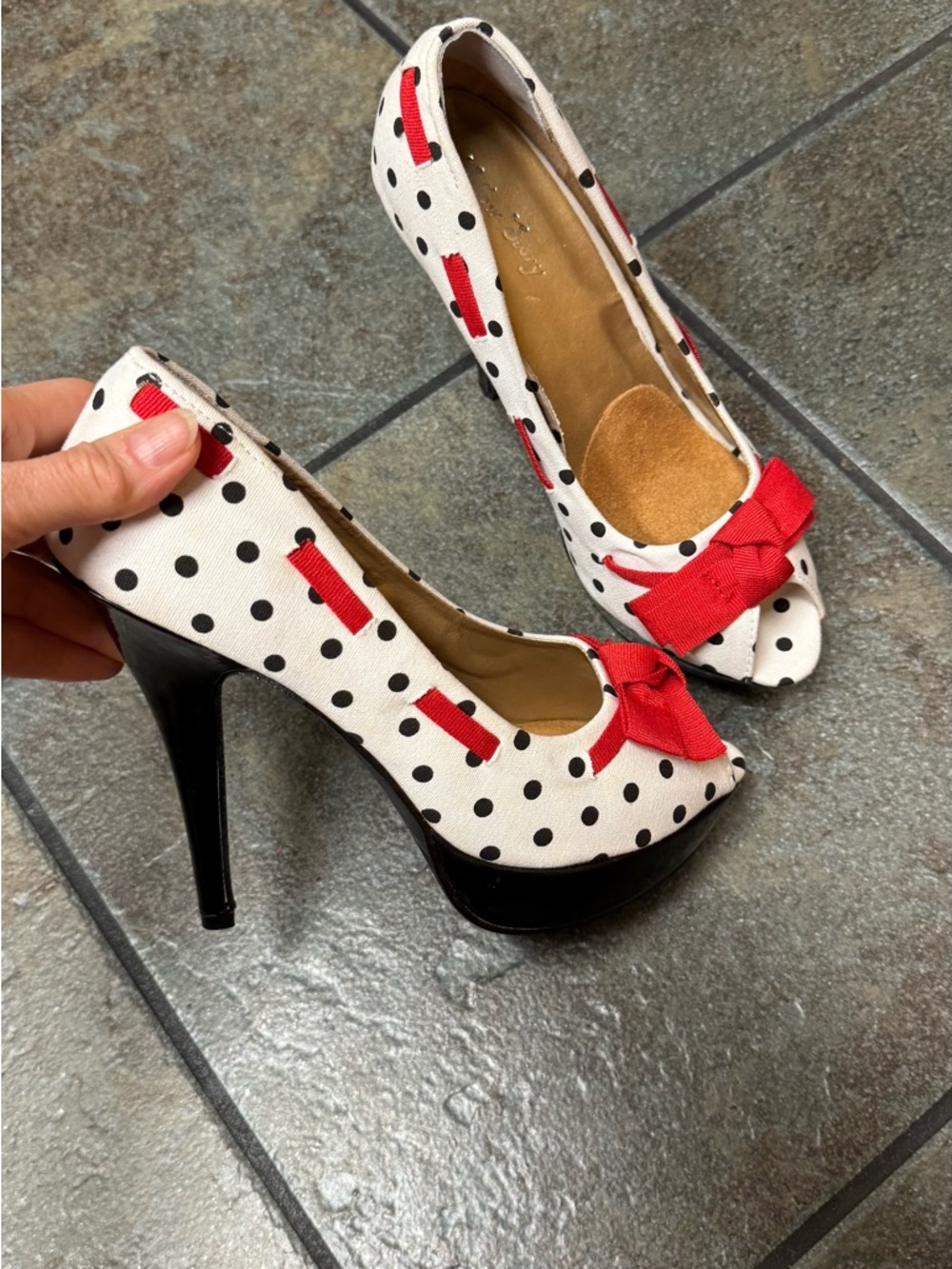 Pinup Polka Dot Peep-Toe Flats with Red Bow US 7.5